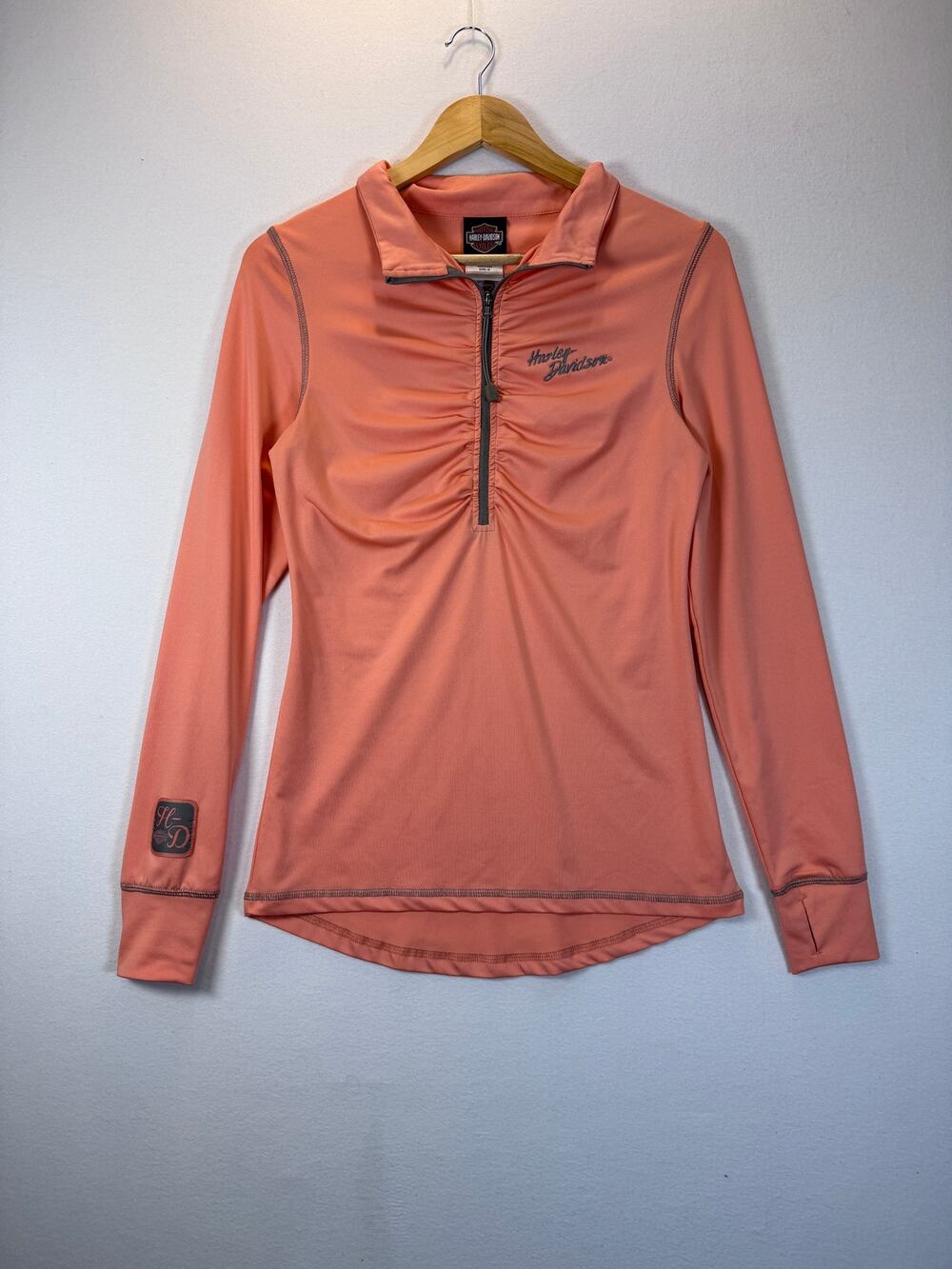 Harley Davidson Women’s M Peach Half Zip Long Sleeve Thumbhole Top Michigan City